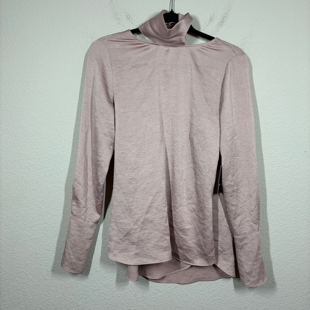 Trouve Womens Size XS Satin Halter Top Pink Cut Out Faux Wrap Back Long Sleeves